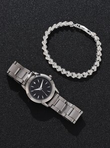 1 Đồng hồ đeo tay nữ hình tròn Con trỏ thạch anh & 1 Vòng tay ngày lễ - Bạc - Xem 3