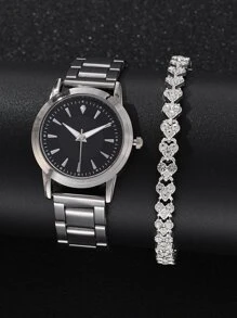 1 Đồng hồ đeo tay nữ hình tròn Con trỏ thạch anh & 1 Vòng tay ngày lễ - Bạc - Xem 5