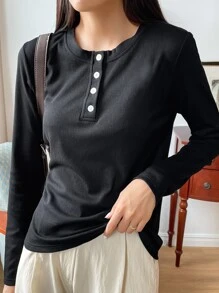 DAZY Quarter Button Rib Knit Tee Fall Tops - Black - View 7