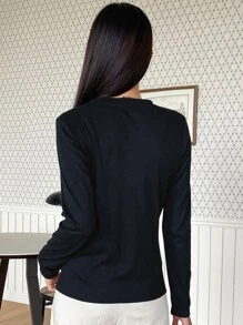 DAZY Quarter Button Rib Knit Tee Fall Tops - Black - View 2