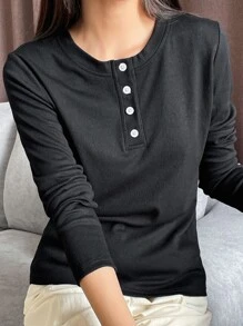 DAZY Quarter Button Rib Knit Tee Fall Tops - Black - View 3
