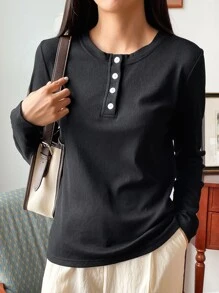 DAZY Quarter Button Rib Knit Tee Fall Tops - Black - View 5