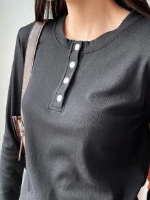 DAZY Quarter Button Rib Knit Tee Fall Tops - Black - View 6