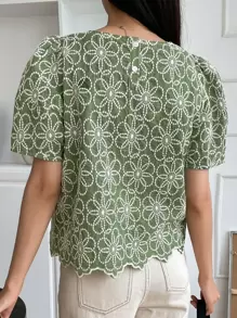 DAZY Blusa De Manga Abullonada Con Bordado Floral