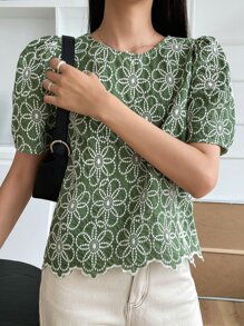 DAZY Blusa De Manga Abullonada Con Bordado Floral