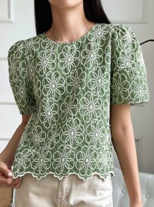DAZY Blusa De Manga Abullonada Con Bordado Floral