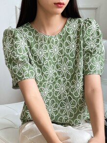 DAZY Blusa De Manga Abullonada Con Bordado Floral