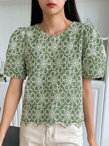 DAZY Blusa De Manga Abullonada Con Bordado Floral