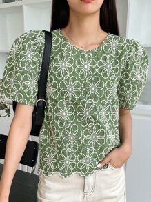 DAZY Blusa De Manga Abullonada Con Bordado Floral
