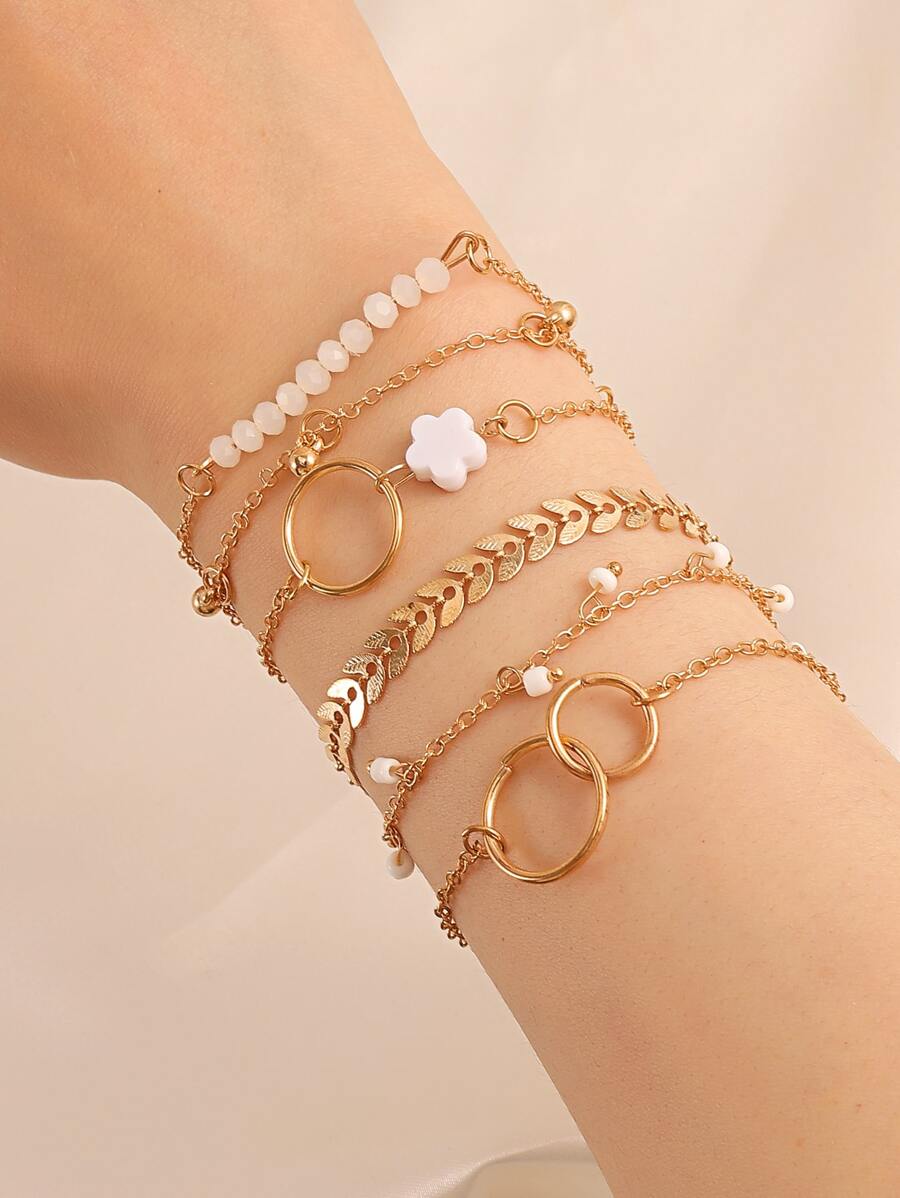 6pcs Flower & Bead Decor Bracelet - Yellow Gold - View 1