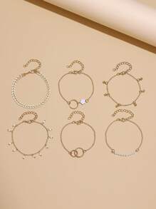 6pcs Flower & Bead Decor Bracelet - Yellow Gold - View 2