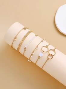 6pcs Flower & Bead Decor Bracelet - Yellow Gold - View 3