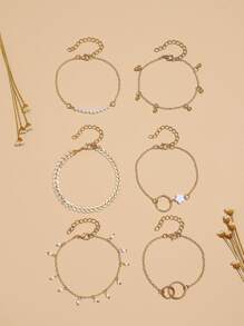 6pcs Flower & Bead Decor Bracelet - Yellow Gold - View 5