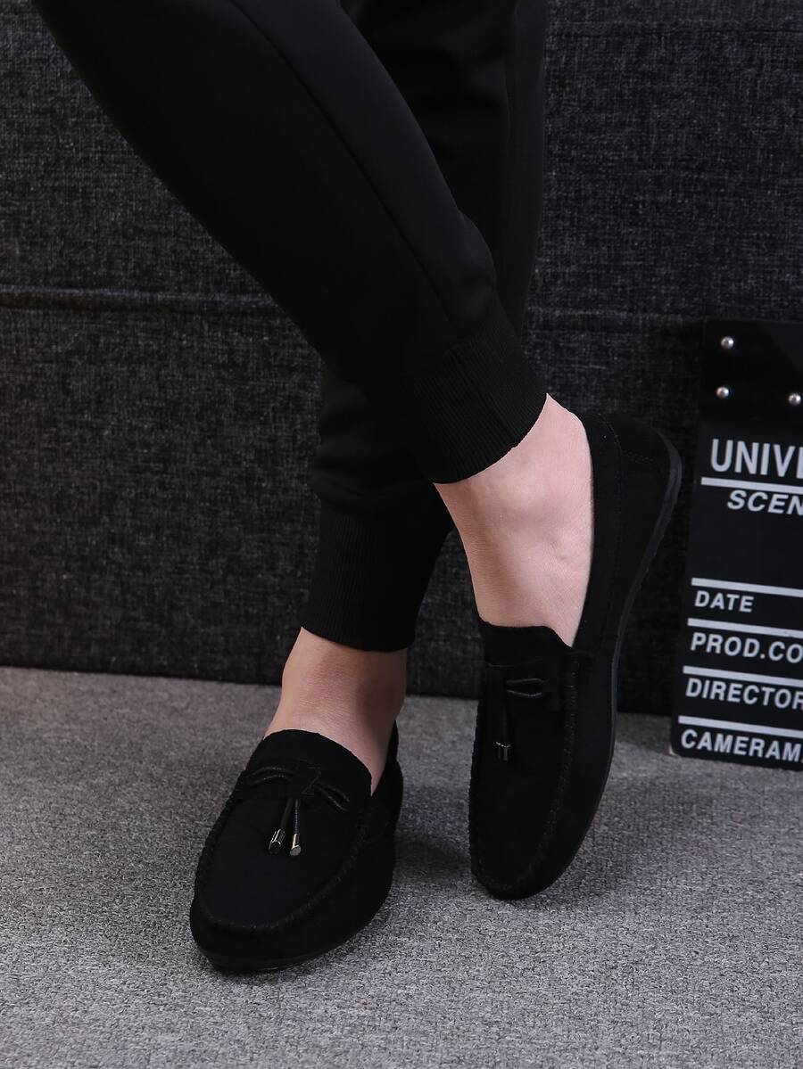 Men Suedette Bow Decor Loafers - Black - View 1