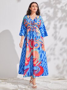 SHEIN Allover Print Batwing Sleeve Drawstring Waist Dress - Multicolor - View 2