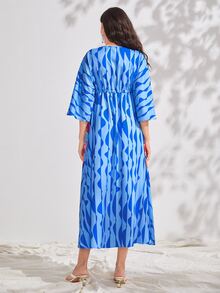 SHEIN Allover Print Batwing Sleeve Drawstring Waist Dress - Multicolor - View 3