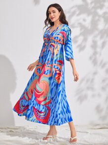 SHEIN Allover Print Batwing Sleeve Drawstring Waist Dress - Multicolor - View 4