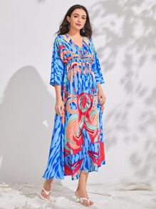 SHEIN Allover Print Batwing Sleeve Drawstring Waist Dress - Multicolor - View 1