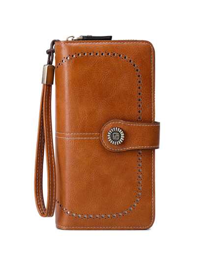 CHARM INFINITE Secure RFID Blocking - Large Capacity Vintage Coin With Zipper And Wristband - Multi-Card Slot Clutch Card Holder Hollow Out Vintage Solid Color Artificial Leather Multifunctional Clutch Bag With Wristband Checkbook Cover Fashion Business Back To School Holiday Office Anniversary For Birthday Gift On Valentine Day Lady Female Women White-Collar Workers College For Women Wallet Wristlet Wallet