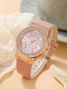 1 đồng hồ thạch anh trang trí rhinestone và 1 vòng tay - Hồng - Xem 2