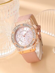 1 đồng hồ thạch anh trang trí rhinestone và 1 vòng tay - Hồng - Xem 3