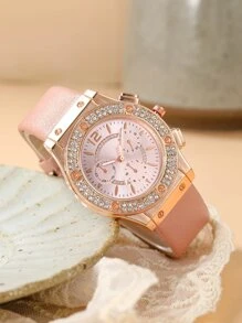 1 đồng hồ thạch anh trang trí rhinestone và 1 vòng tay - Hồng - Xem 4