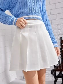 SHEIN Teen Girl's College Style Solid Color Pleated High Waist Skirt Suitable For Summer - White - View 4