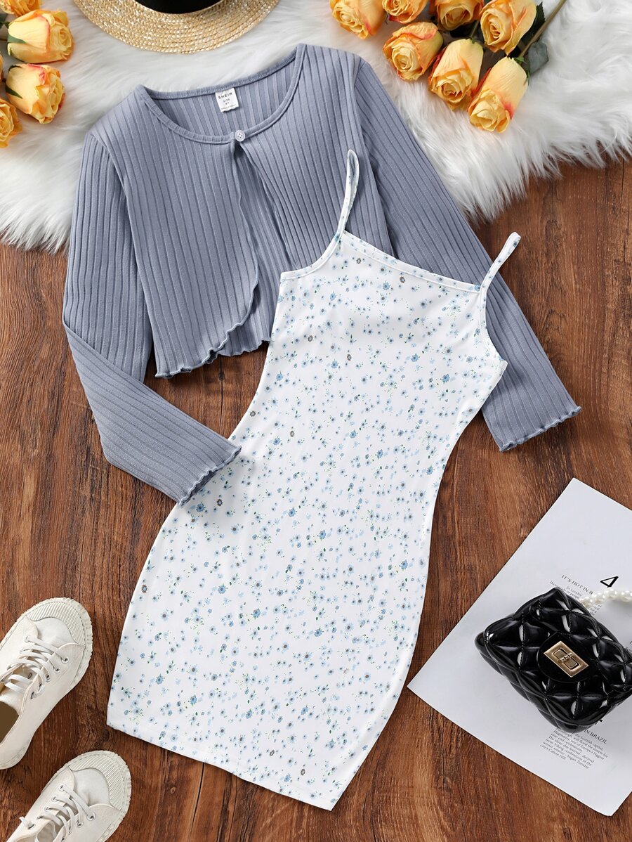 SHEIN 女孩木耳邊T恤和碎花吊帶洋裝 - 藍白色 - 查看 1