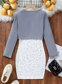 SHEIN 女孩木耳邊T恤和碎花吊帶洋裝 - 藍白色 - 查看 2