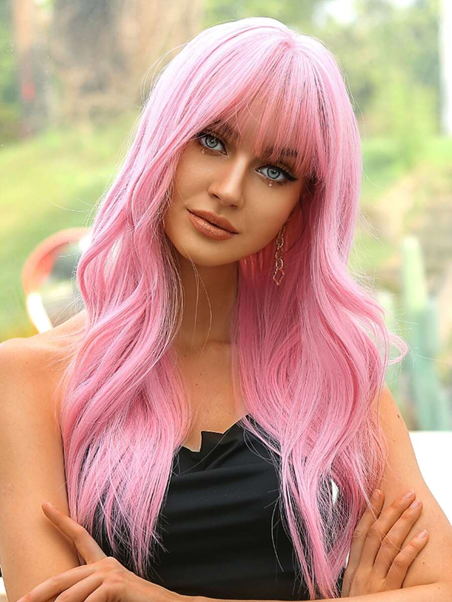 Màu hồng Dài Quăn Tóc giả tổng hợp Tóc mái Đối với phụ nữ Hằng ngày Buổi tiệc Halloween Tóc giả Chống nóng Tóc giả