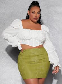 SHEIN SXY Plus Square Neck Ruched Bust Crop Blouse - White - View 2