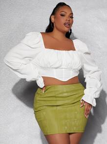 SHEIN SXY Plus Square Neck Ruched Bust Crop Blouse - White - View 5