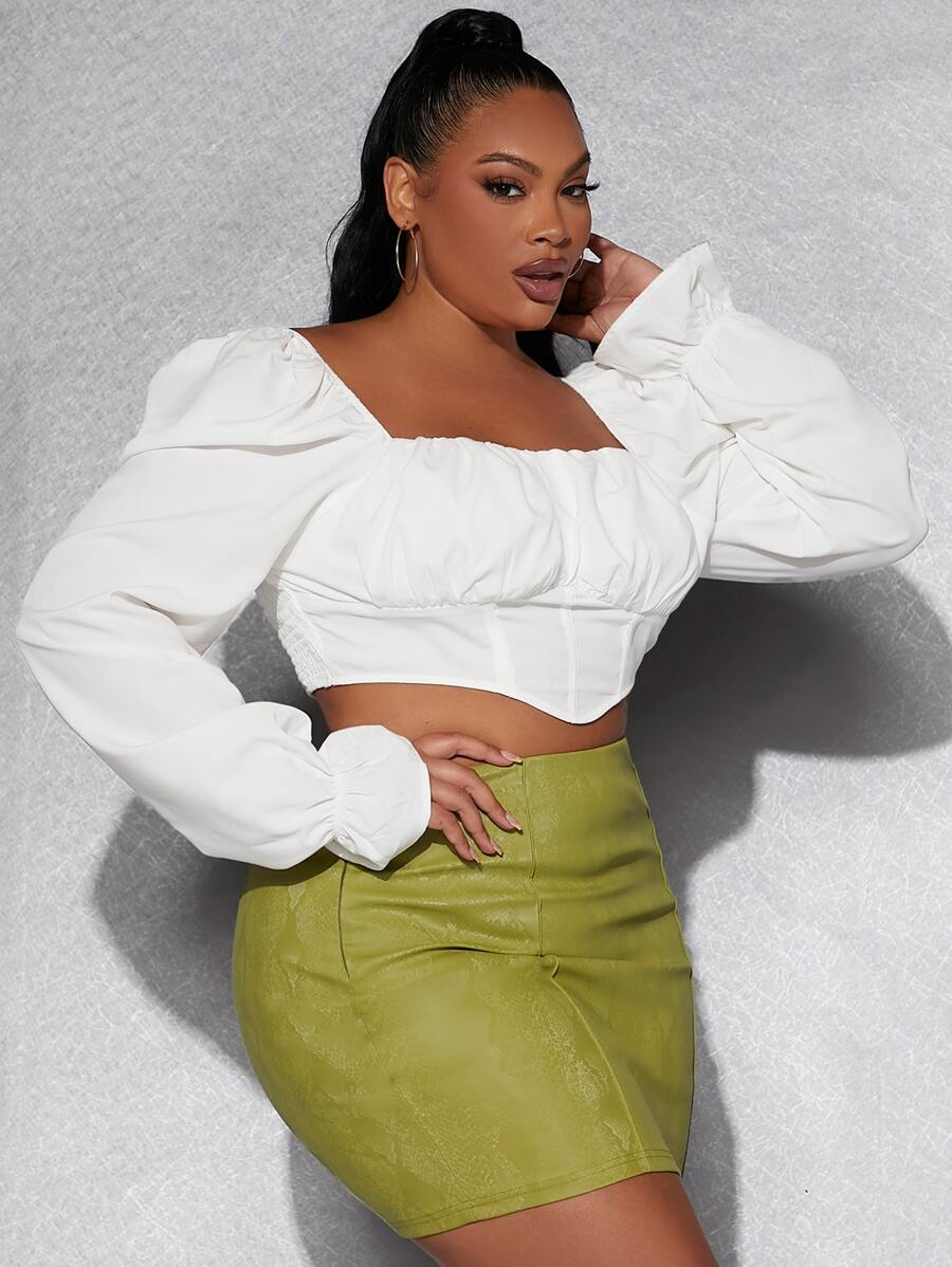 SHEIN SXY Plus Square Neck Ruched Bust Crop Blouse - White - View 1