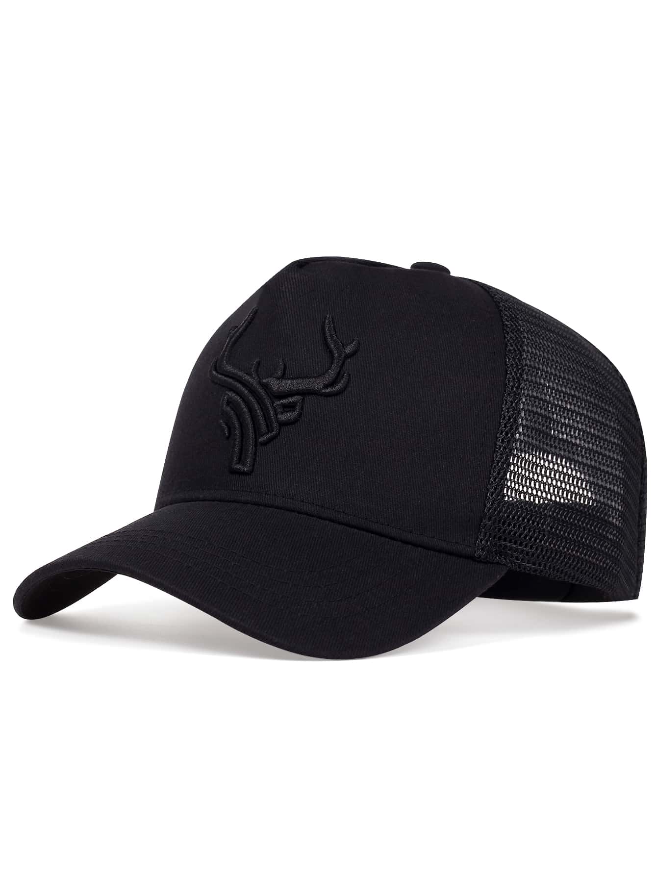 1pc Men's Antlers Embroidered Baseball Mesh Cap , Adjustable Outdoor Sun Protection Casual Hat , Suitable For Spring And Summer Travel , Beach Parties - Hitam - View 1