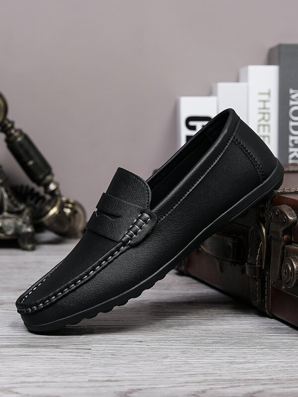 Luxury Men Leather Penny Loafers, Casual Straw Woven-Style Slip-On Flat Shoes With Convenient Elastic Band, Formal Shoes For Daily Wear, Wedding, Banquet, Office, Business Occasions In Spring And Autumn