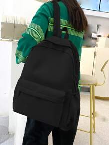 1 chiếc balo nylon màu trơn, kiểu dáng thường ngày, phù hợp cho học sinh, đi học, du lịch, unisex, có thể dùng làm cặp sách. - màu đen - Xem 3