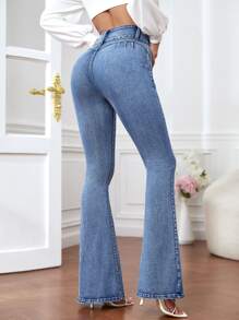 SHEIN Essnce Slant Pocket Flare Leg Jeans - Light Wash - View 2