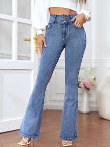 SHEIN Essnce Slant Pocket Flare Leg Jeans - Light Wash - View 3