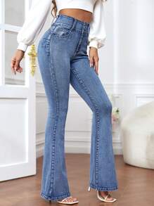 SHEIN Essnce Slant Pocket Flare Leg Jeans - Light Wash - View 4
