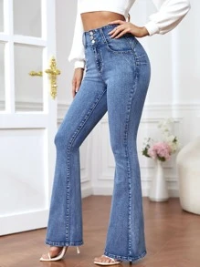 SHEIN Essnce Slant Pocket Flare Leg Jeans - Light Wash - View 5