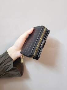 Crocodile Embossed Zipper Card Holder - Black - View 2