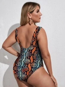 SHEIN Swim Curve 1 件加大码连体动物印花泳衣，新年派对夏季 - 彩色 - 查看 2