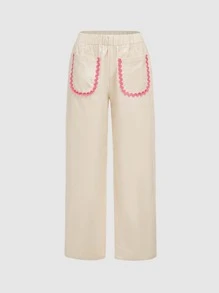 SHEIN MOD Contrast Piping Patched Pocket Straight Leg Trousers - Khaki - View 1