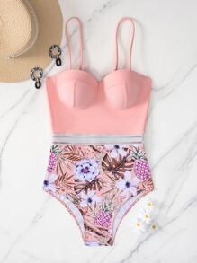 SHEIN Swim Phụ nữ một mảnh Tương phản Mesh Nhiệt đới Rau quả Boho - Nhiều màu - Xem 4