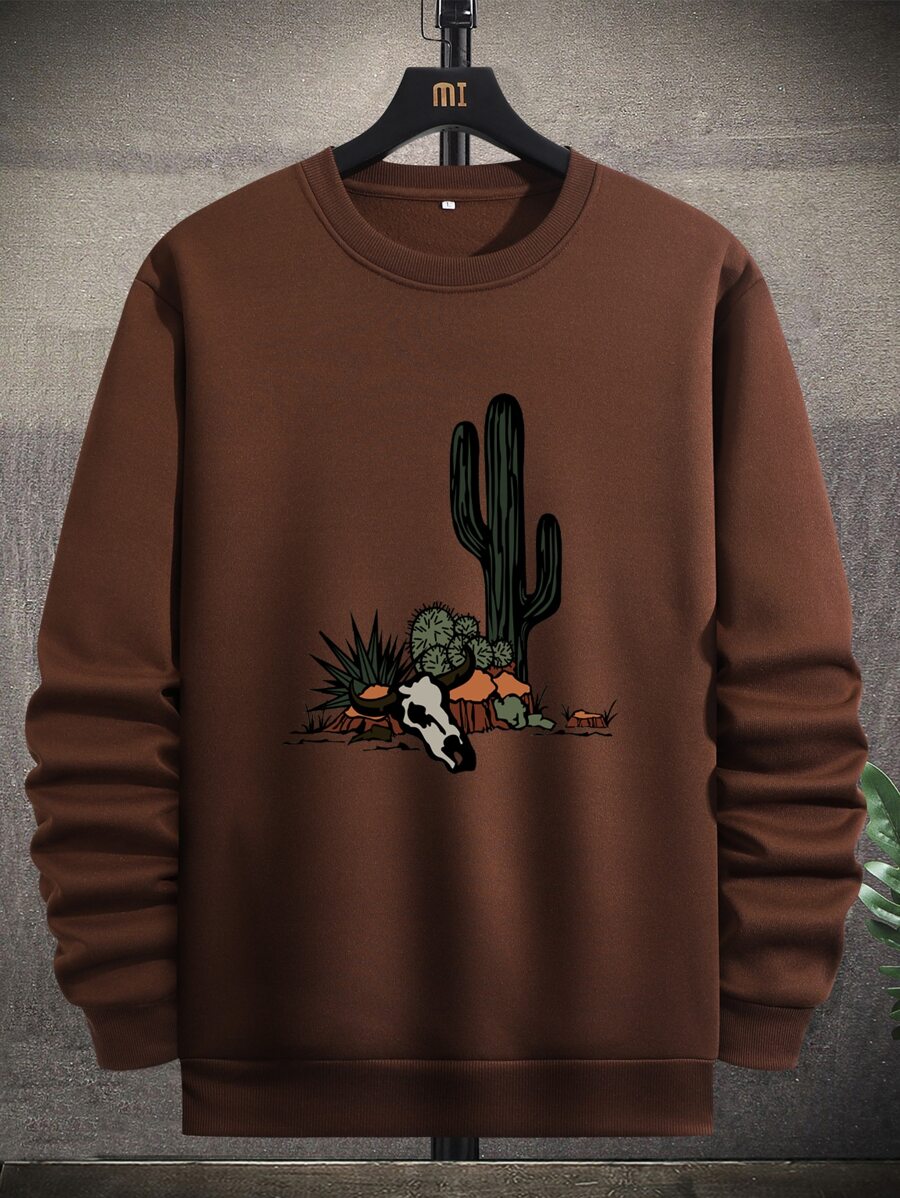 Manfinity Homme Men Cactus Print Thermal Pullover - Coffee Brown - View 1