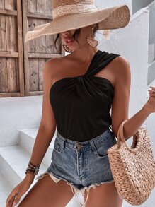 SHEIN Unity Top girante delantero de un hombro de satén - Negro - Ver 6