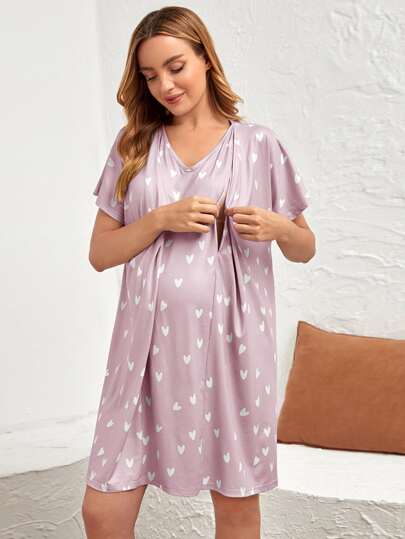 SHEIN Vestido de noche de lactancia maternal con mangas murciélago y estampado de corazones para mamá