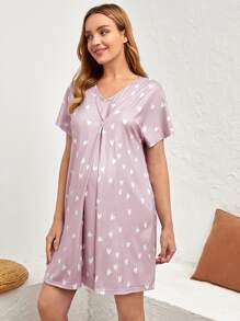 SHEIN 孕婦心形印花蝙蝠袖哺乳夜dress，適用於母親 - 紫丁香色 - 查看 4