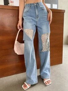 DAZY Jeans de talle alto con encaje en contraste de pierna ancha - Lavado ligero - Ver 1