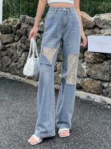 DAZY Jeans de talle alto con encaje en contraste de pierna ancha - Lavado ligero - Ver 2